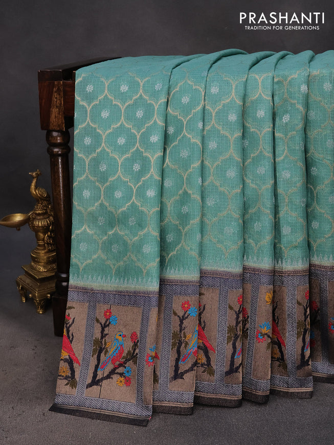 Semi banarasi kota saree teal green shade and dark blue with allover zari weaves and zari woven paithani border