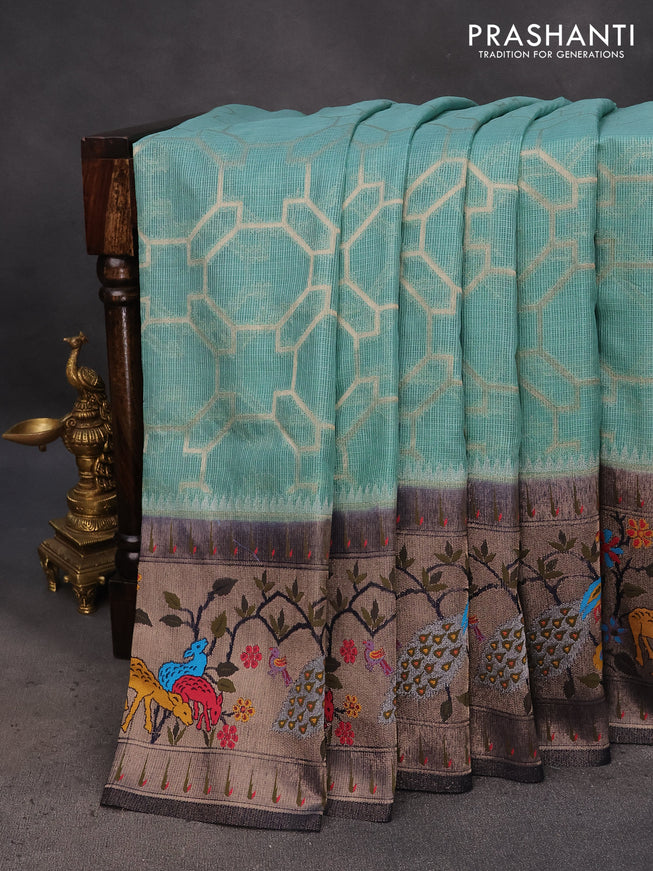 Semi banarasi kota saree teal shade and dark blue with allover zari weaves and zari woven paithani border