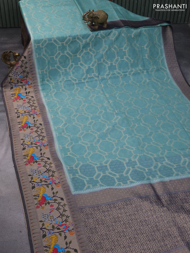 Semi banarasi kota saree teal shade and dark blue with allover zari weaves and zari woven paithani border