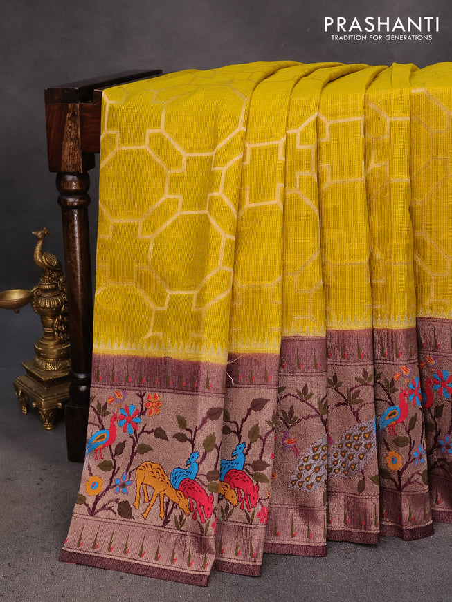 Semi banarasi kota saree yellow and wine shade with allover zari weaves and zari woven paithani border