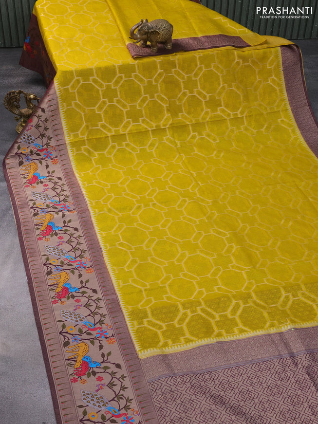 Semi banarasi kota saree yellow and wine shade with allover zari weaves and zari woven paithani border