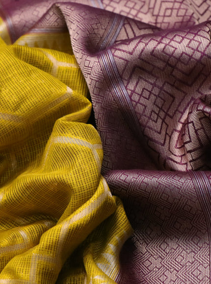 Semi banarasi kota saree yellow and wine shade with allover zari weaves and zari woven paithani border