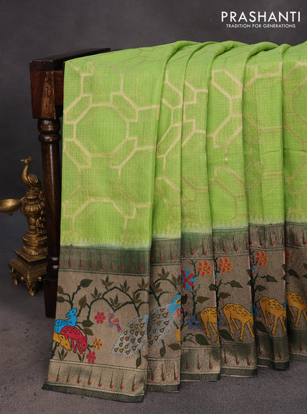 Semi banarasi kota saree light green and dark green with allover zari weaves and zari woven paithani border