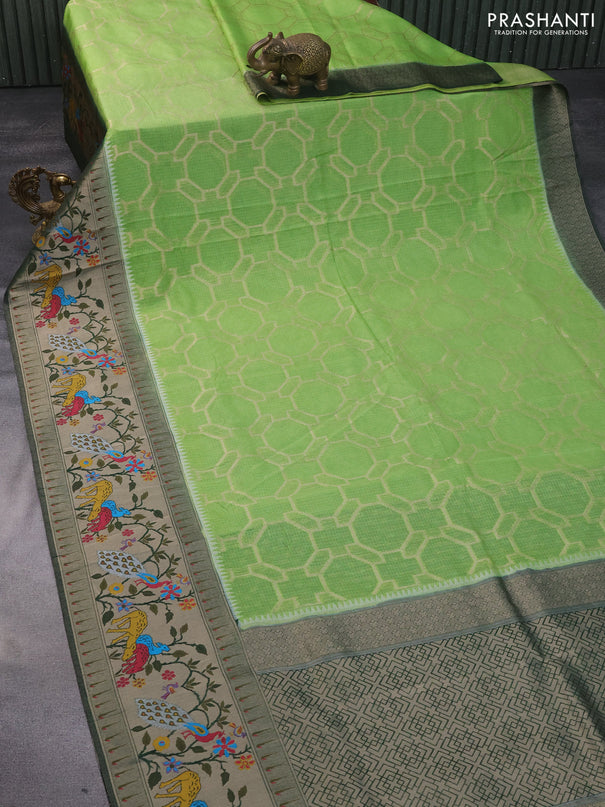 Semi banarasi kota saree light green and dark green with allover zari weaves and zari woven paithani border