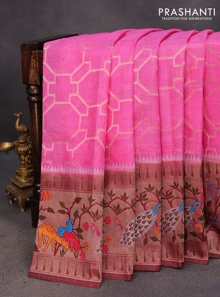 Semi banarasi kota saree light pink and wine shade with allover zari weaves and zari woven paithani border