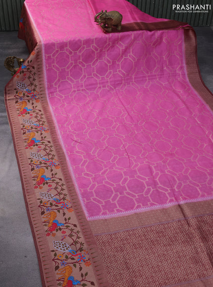 Semi banarasi kota saree light pink and wine shade with allover zari weaves and zari woven paithani border