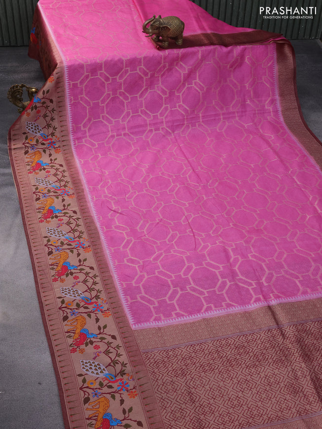 Semi banarasi kota saree light pink and wine shade with allover zari weaves and zari woven paithani border