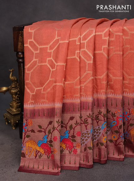 Semi banarasi kota saree rust shade and wine shade with allover zari weaves and zari woven paithani border