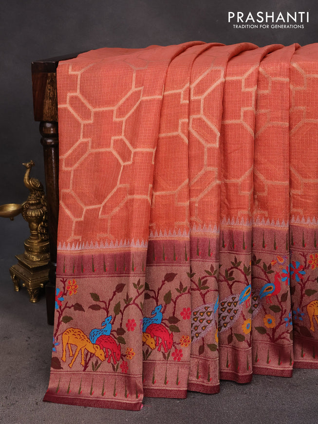 Semi banarasi kota saree rust shade and wine shade with allover zari weaves and zari woven paithani border