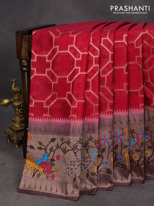 Semi banarasi kota saree red and wine shade with allover zari weaves and zari woven paithani border