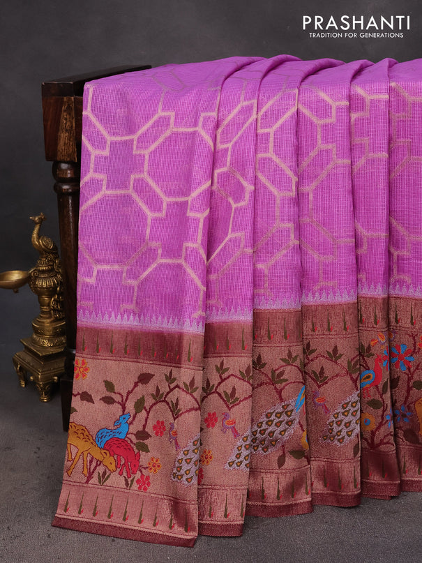 Semi banarasi kota saree lavender shade and wine shade with allover zari weaves and zari woven paithani border