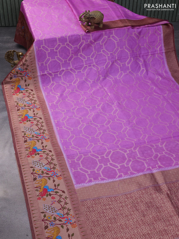 Semi banarasi kota saree lavender shade and wine shade with allover zari weaves and zari woven paithani border