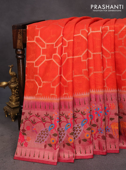 Semi banarasi kota saree orange and pink with allover zari weaves and zari woven paithani border