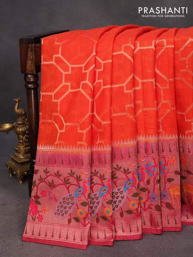 Semi banarasi kota saree orange and pink with allover zari weaves and zari woven paithani border