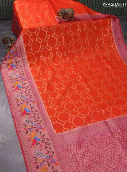 Semi banarasi kota saree orange and pink with allover zari weaves and zari woven paithani border