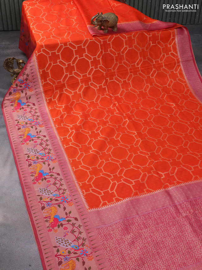 Semi banarasi kota saree orange and pink with allover zari weaves and zari woven paithani border