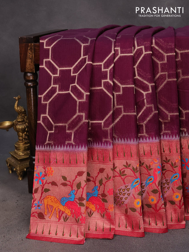 Semi banarasi kota saree deep purple and pink with allover zari weaves and zari woven paithani border