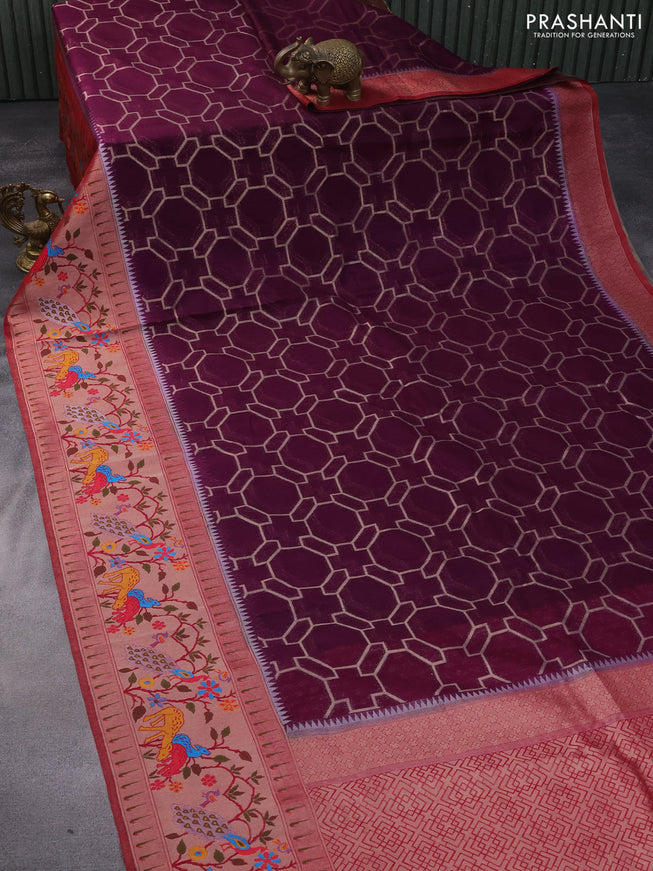 Semi banarasi kota saree deep purple and pink with allover zari weaves and zari woven paithani border