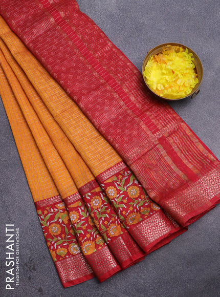 Assam silk saree mustard yellow and red with allover zari checked pattern and rettapet zari woven kalamkari printed border