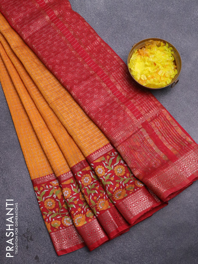 Assam silk saree mustard yellow and red with allover zari checked pattern and rettapet zari woven kalamkari printed border