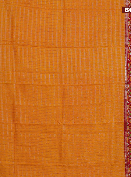 Assam silk saree mustard yellow and red with allover zari checked pattern and rettapet zari woven kalamkari printed border