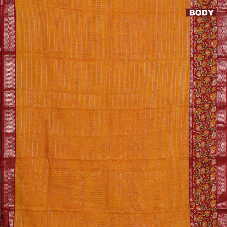 Assam silk saree mustard yellow and red with allover zari checked pattern and rettapet zari woven kalamkari printed border