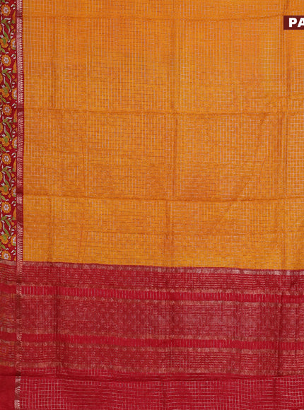 Assam silk saree mustard yellow and red with allover zari checked pattern and rettapet zari woven kalamkari printed border