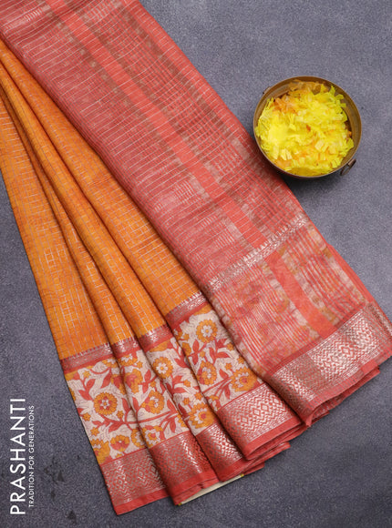 Assam silk saree mustard yellow and red shade with allover zari checked pattern and rettapet zari woven kalamkari printed border