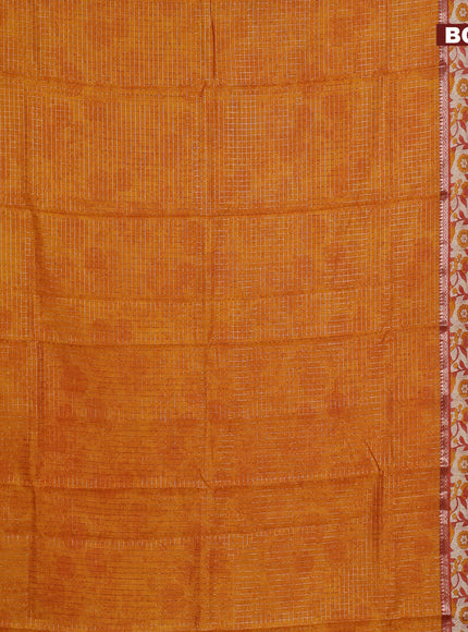 Assam silk saree mustard yellow and red shade with allover zari checked pattern and rettapet zari woven kalamkari printed border