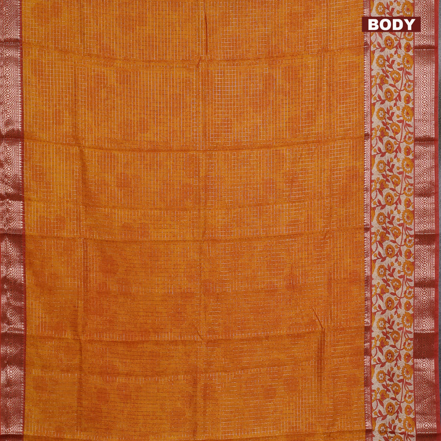 Assam silk saree mustard yellow and red shade with allover zari checked pattern and rettapet zari woven kalamkari printed border