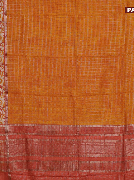 Assam silk saree mustard yellow and red shade with allover zari checked pattern and rettapet zari woven kalamkari printed border