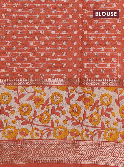 Assam silk saree mustard yellow and red shade with allover zari checked pattern and rettapet zari woven kalamkari printed border