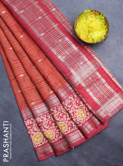 Assam silk saree orange and pink with allover zari weaves and rettapet zari woven batik printed border