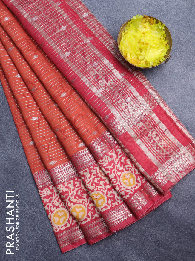 Assam silk saree orange and pink with allover zari weaves and rettapet zari woven batik printed border