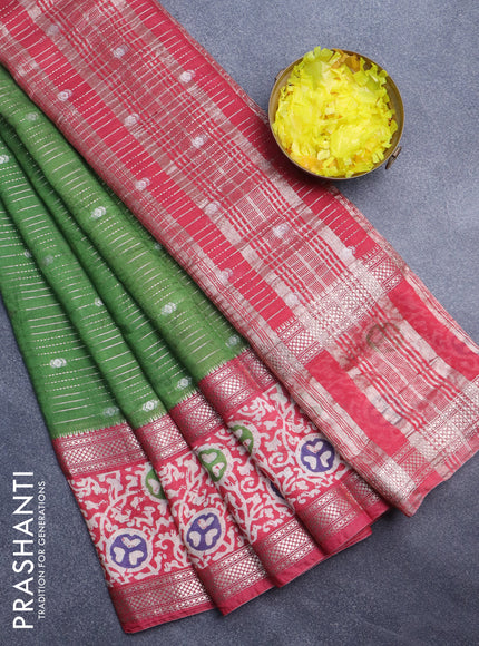 Assam silk saree green and pink with allover zari weaves and rettapet zari woven batik printed border