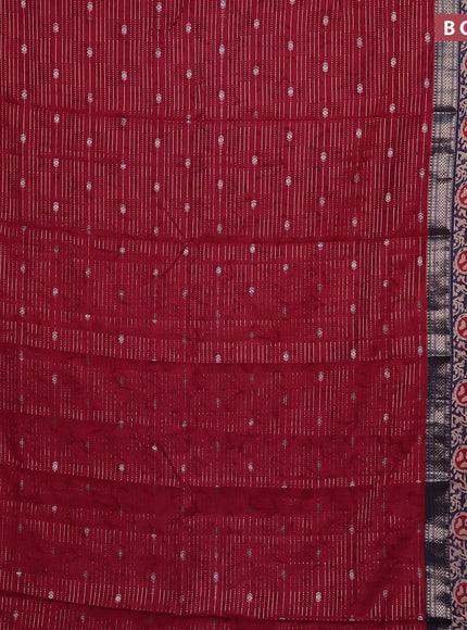 Assam silk saree red and blue with allover zari weaves and rettapet zari woven batik printed border