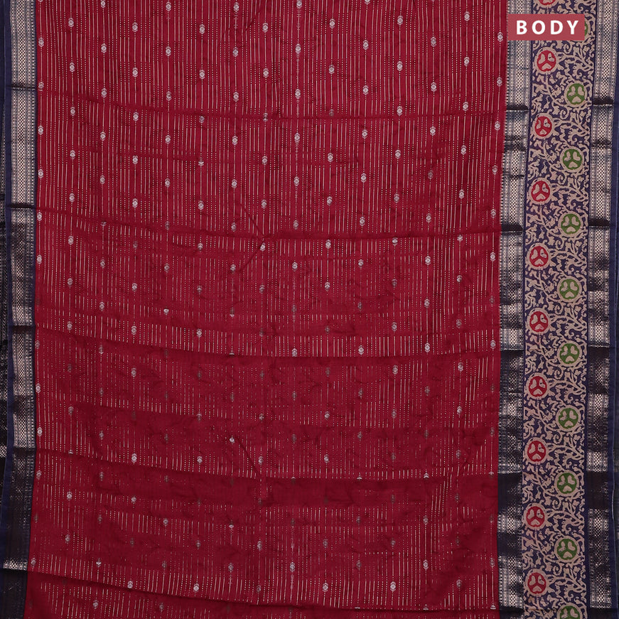 Assam silk saree red and blue with allover zari weaves and rettapet zari woven batik printed border