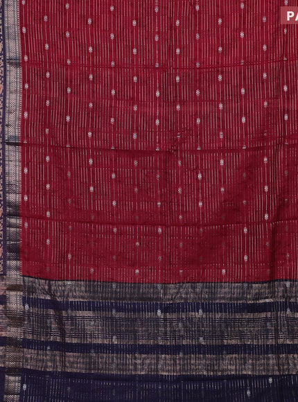 Assam silk saree red and blue with allover zari weaves and rettapet zari woven batik printed border