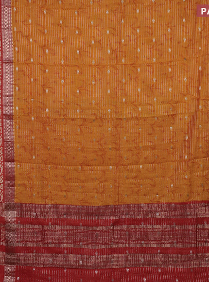 Assam silk saree mustard yellow and rust shade with allover zari weaves and rettapet zari woven batik printed border