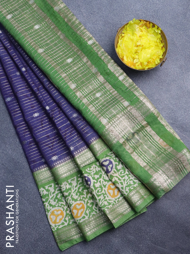 Assam silk saree blue and green with allover zari weaves and rettapet zari woven batik printed border