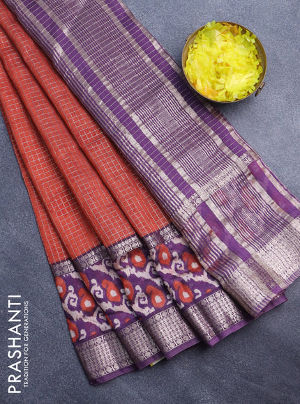 Assam silk saree orange and violet with allover zari checked pattern and rettapet zari woven ikat printed border