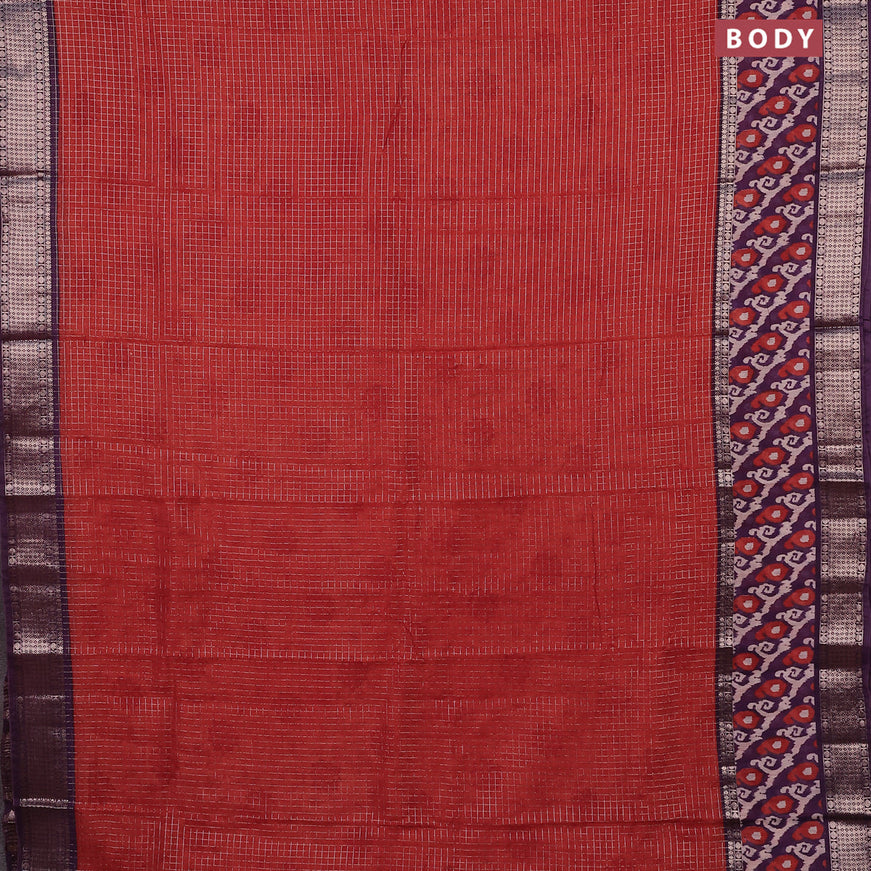 Assam silk saree orange and violet with allover zari checked pattern and rettapet zari woven ikat printed border