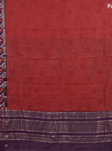 Assam silk saree orange and violet with allover zari checked pattern and rettapet zari woven ikat printed border