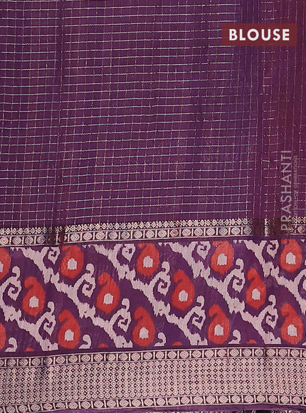 Assam silk saree orange and violet with allover zari checked pattern and rettapet zari woven ikat printed border