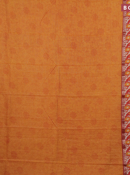 Assam silk saree mango yellow and orange with allover zari checked pattern and rettapet zari woven ikat printed border