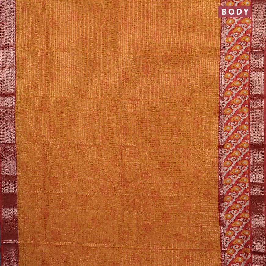 Assam silk saree mango yellow and orange with allover zari checked pattern and rettapet zari woven ikat printed border