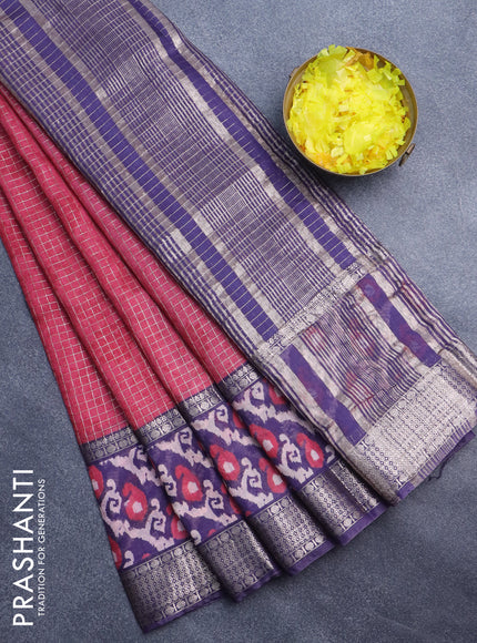 Assam silk saree pink and deep violet with allover zari checked pattern and rettapet zari woven ikat printed border