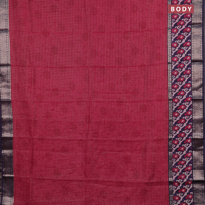 Assam silk saree pink and deep violet with allover zari checked pattern and rettapet zari woven ikat printed border