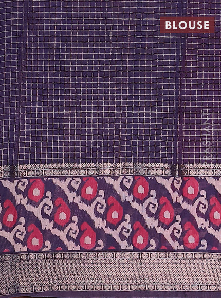 Assam silk saree pink and deep violet with allover zari checked pattern and rettapet zari woven ikat printed border