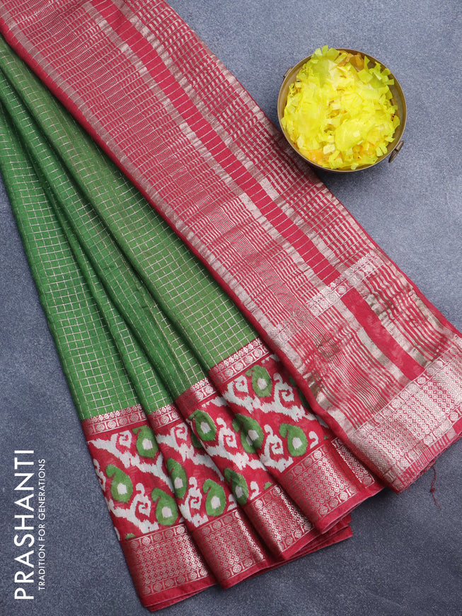 Assam silk saree green and red with allover zari checked pattern and rettapet zari woven ikat printed border